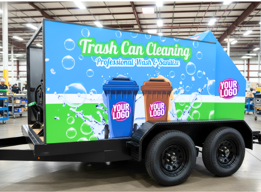 Trash bin cleaning equipment trailer washing bins in Orlando, Florida