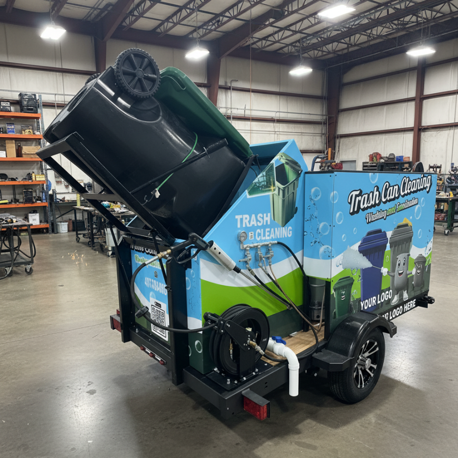 Single cold trash bin cleaning equipment trailer operating in Orlando, Florida
