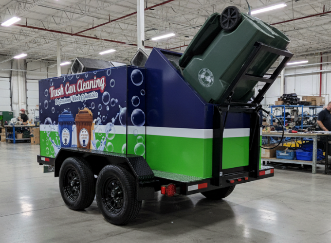 Trash bin cleaning equipment trailer operating in Orlando, Florida
