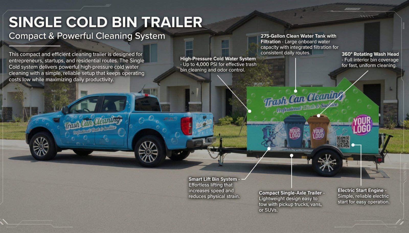 Single Axle Bin Cleaning Trailer in action