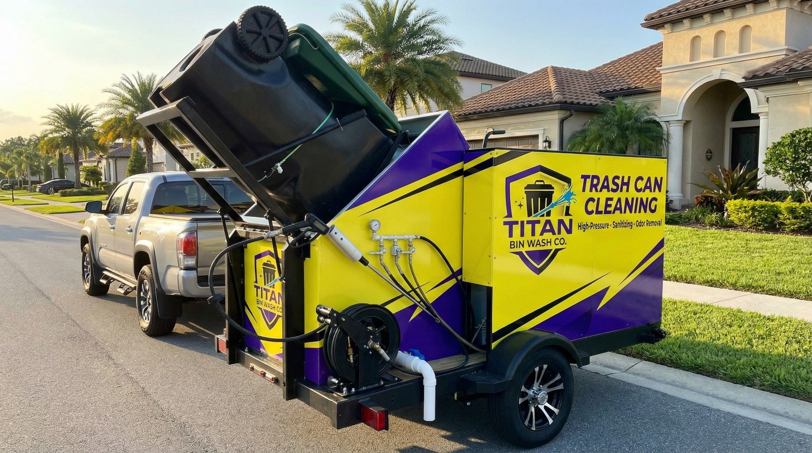Yellow single cold trash bin cleaning trailer