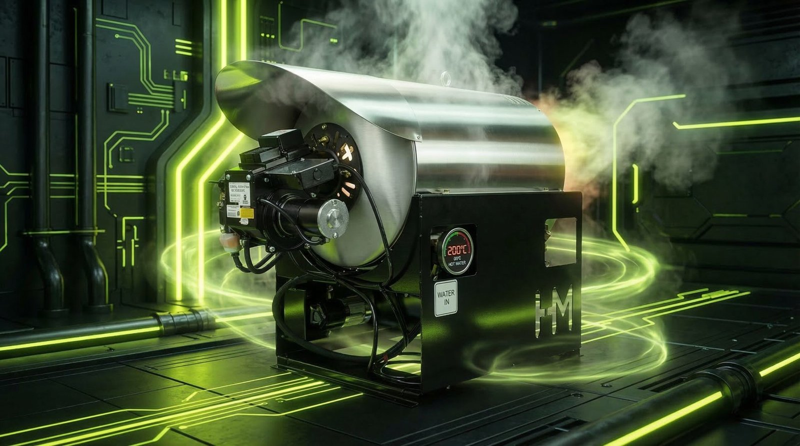 Beckett diesel burner delivering 200°F hot water for commercial trash can cleaning trailers