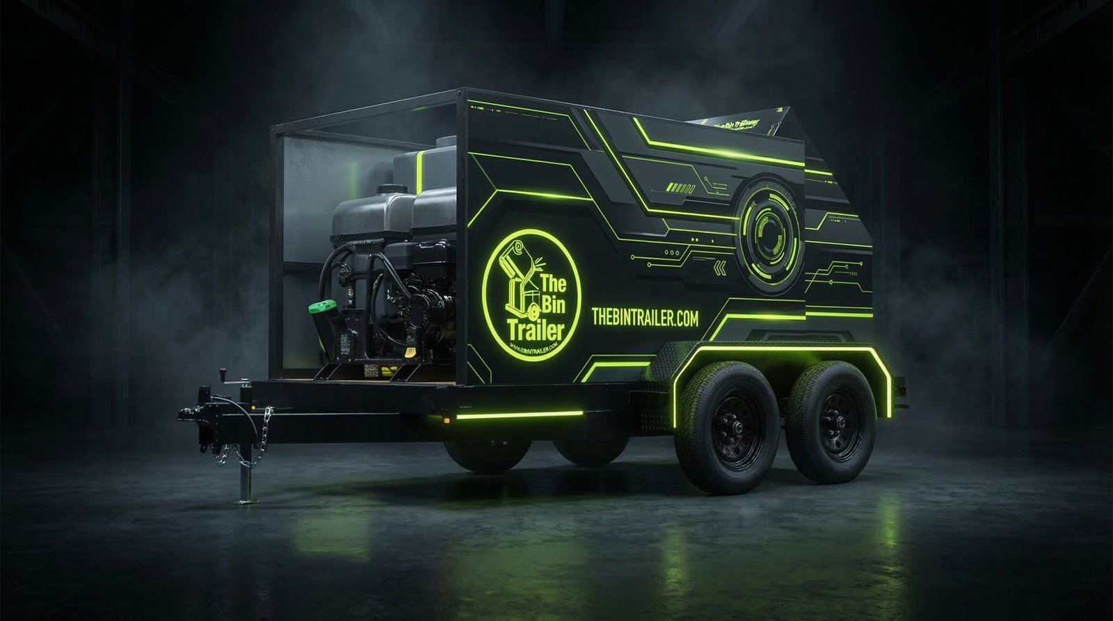 Complete mobile trash bin cleaning trailer system — 15ft L × 7.5ft W × 80in H garage ready