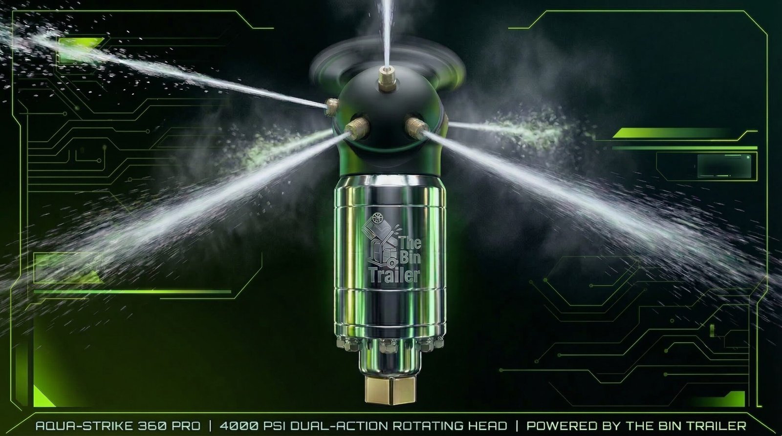 360-degree triple nozzle rotating cleaning head — bin cleaning trailer system