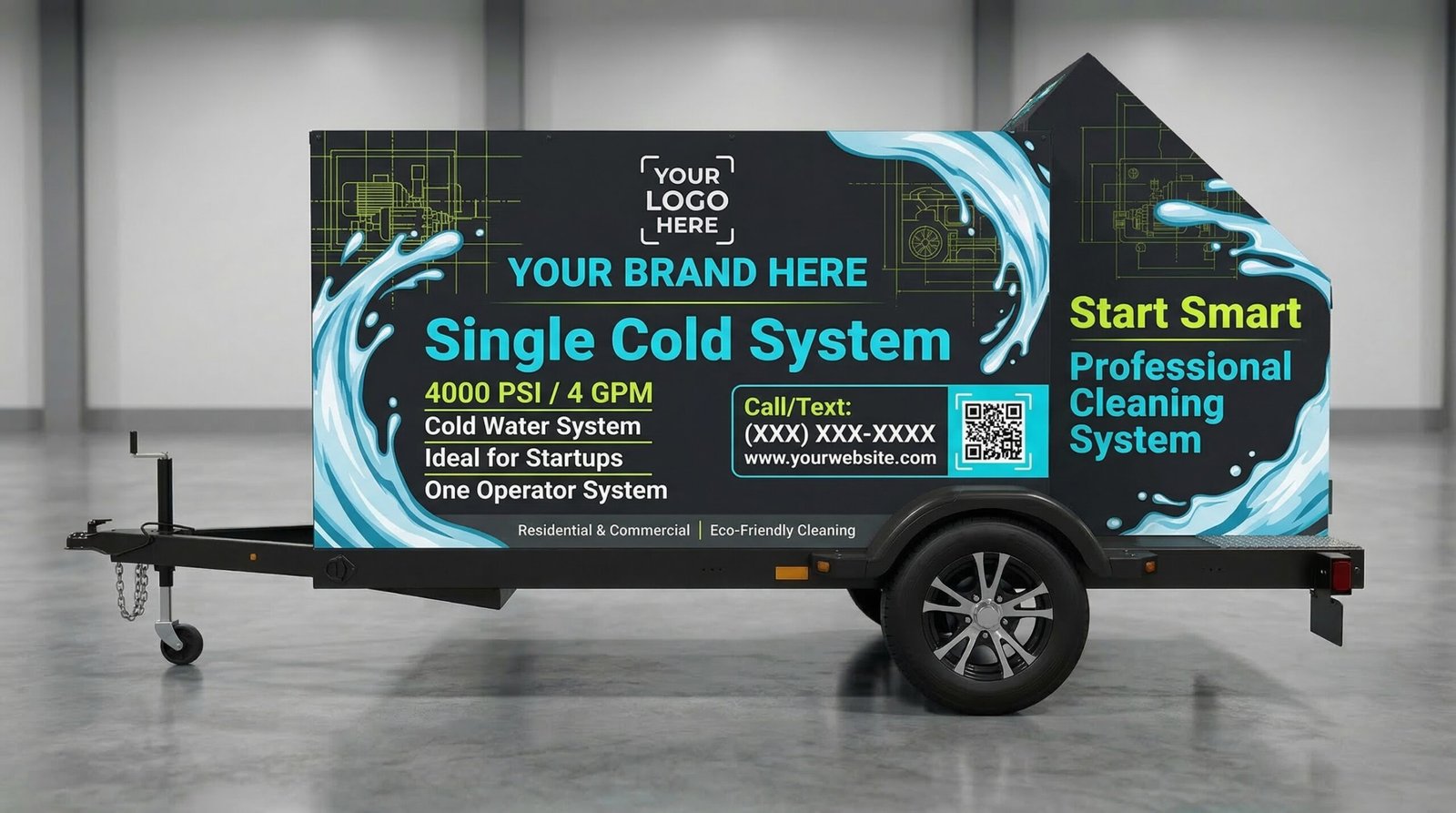 Single axle cold water bin cleaning trailer — residential model with up to 4,000 PSI pump