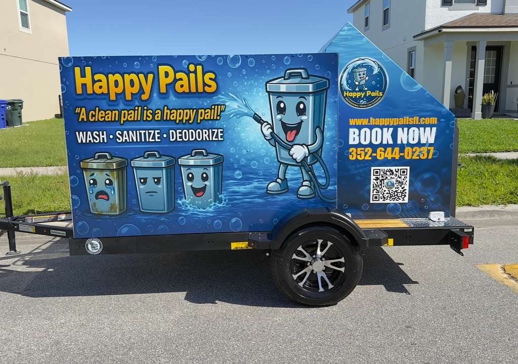 Single Cold Eco Bright blue custom wrap trash bin cleaning trailer with electrostatic powder coated lid — Happy Pails