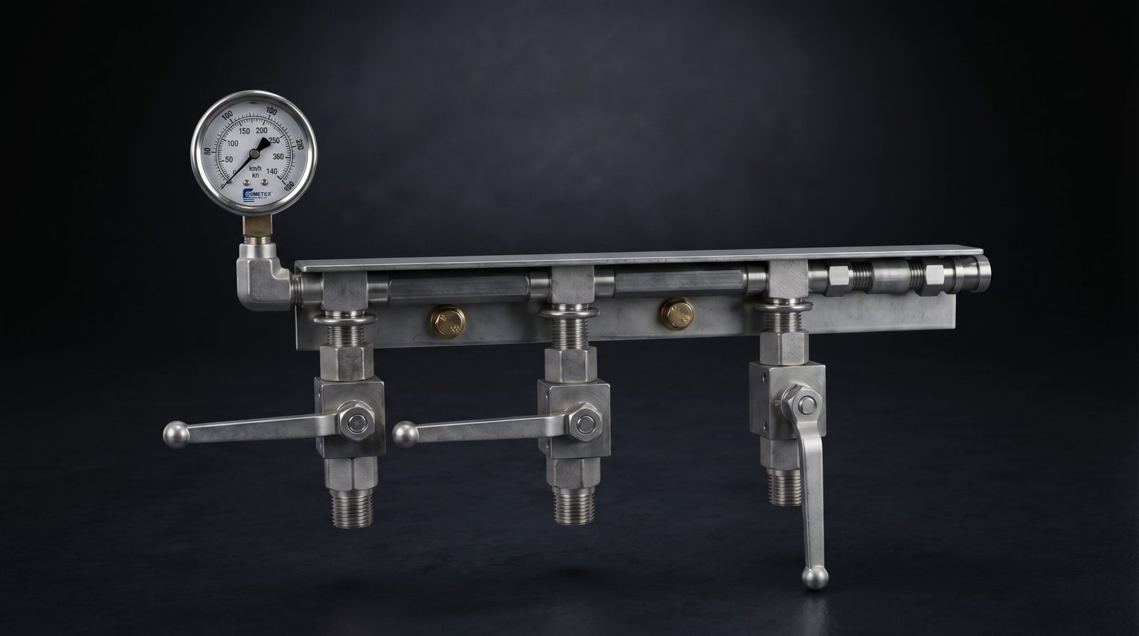 Valve manifold with pressure gauge and ball valves