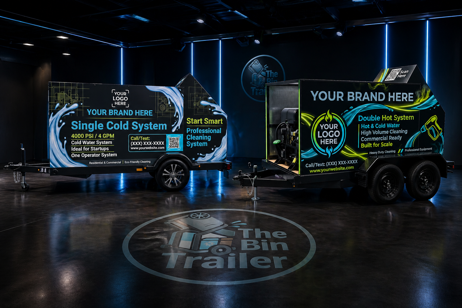 Single Cold and Double Hot trash bin cleaning trailers — The Bin Trailer showroom