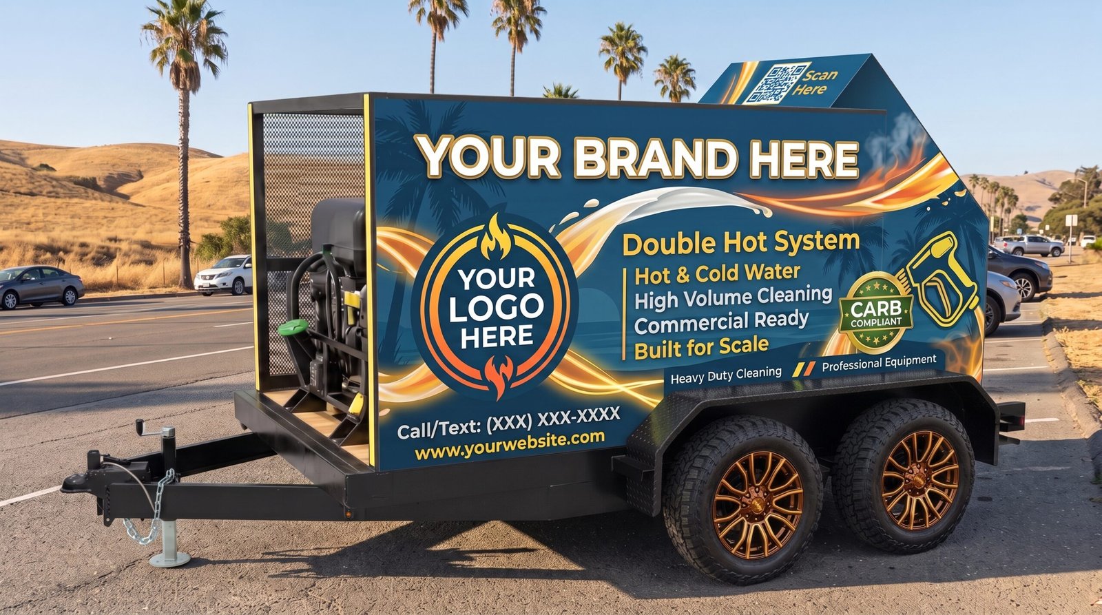 Double Hot California Edition hot water bin cleaning trailer with custom wrap