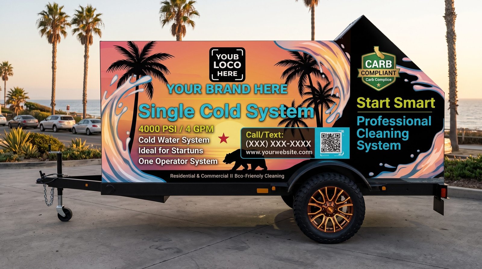 Single Cold California Edition cold water trash bin cleaning trailer with custom wrap
